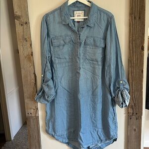 SO Ladies Blue Chambray Roll Up Long Sleeve Shirt Dress GUC Size XL Soft & Light